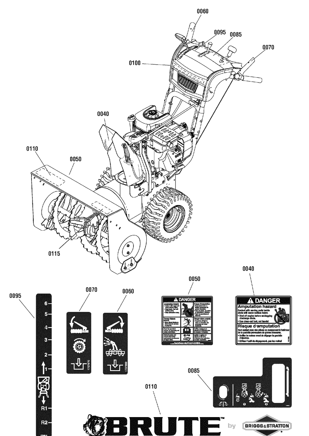 Decals Group Diagram and Parts List for 1695872 2010 Briggs and Stratton Snow Blower